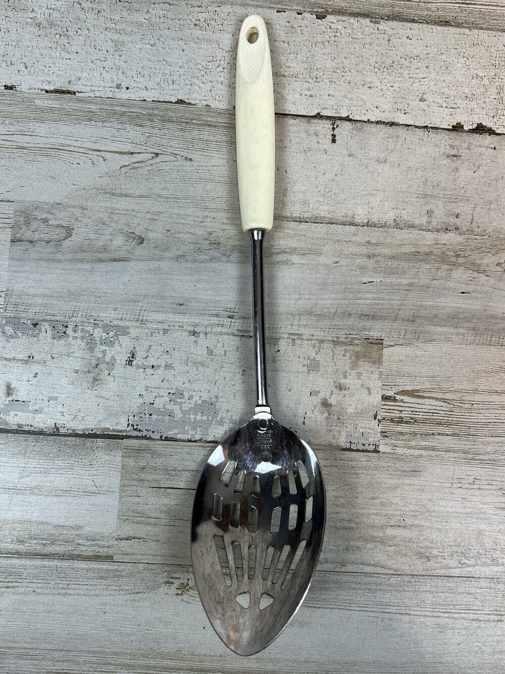 Vintage EKCO USA Chromium Plated Slotted Serving Spoon Cream Handle 12" Kitchen